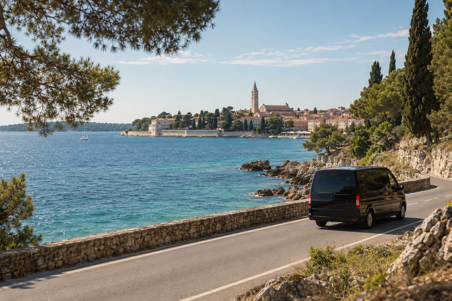 Il minibus GardaTaxi sulla strada costiera dell'Istria, con il mare e Poreč sullo sfondo