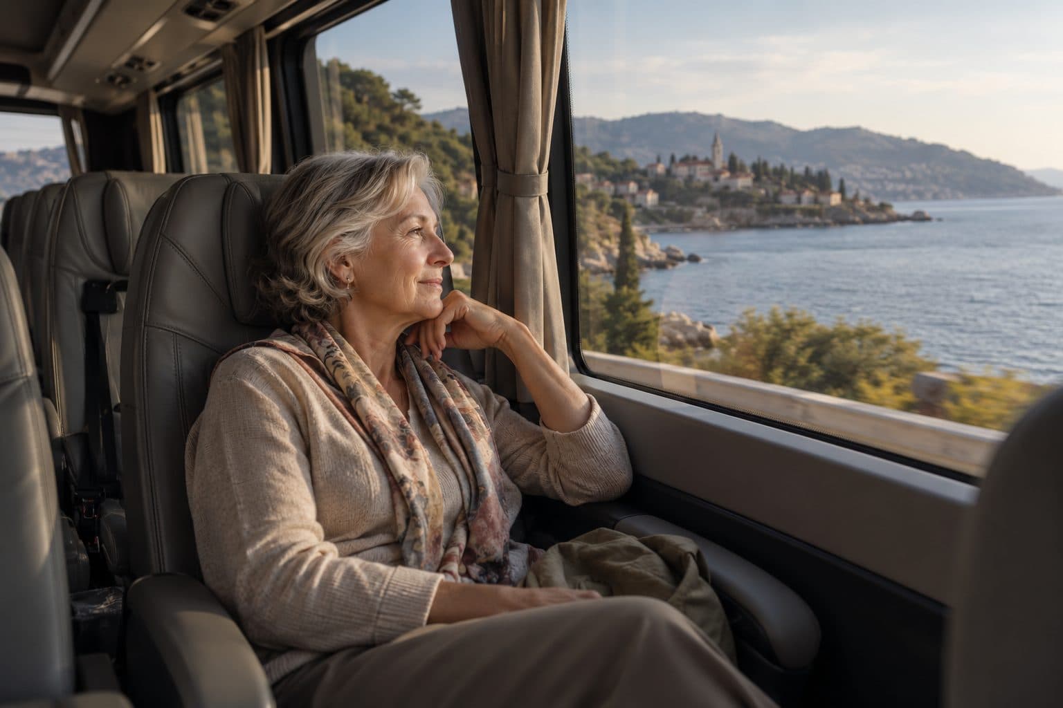Passeggera che guarda il mare dal finestrino del minibus